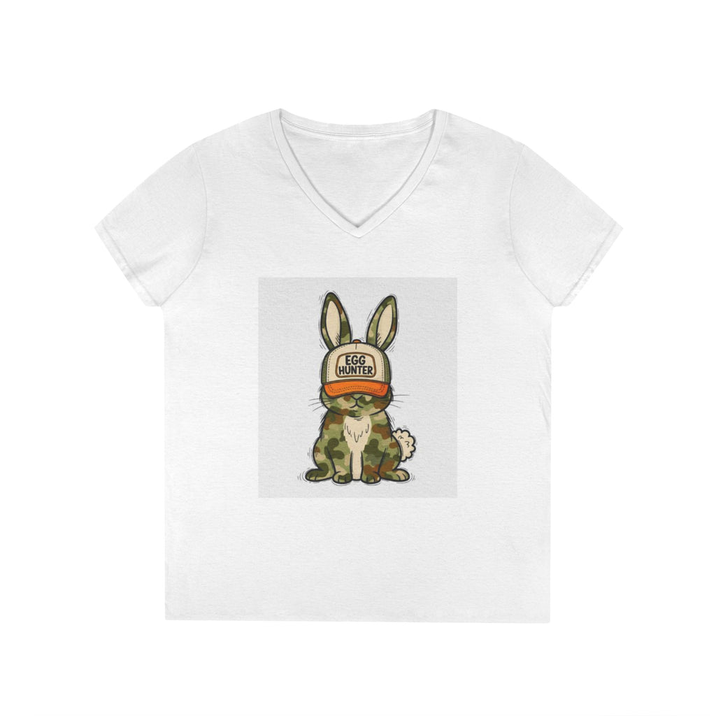 Ladies' V-Neck T-Shirt — Cute Bunny Wearing 'Good Vibes' Trucker Hat