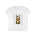 Ladies' V-Neck T-Shirt — Cute Bunny Wearing 'Good Vibes' Trucker Hat