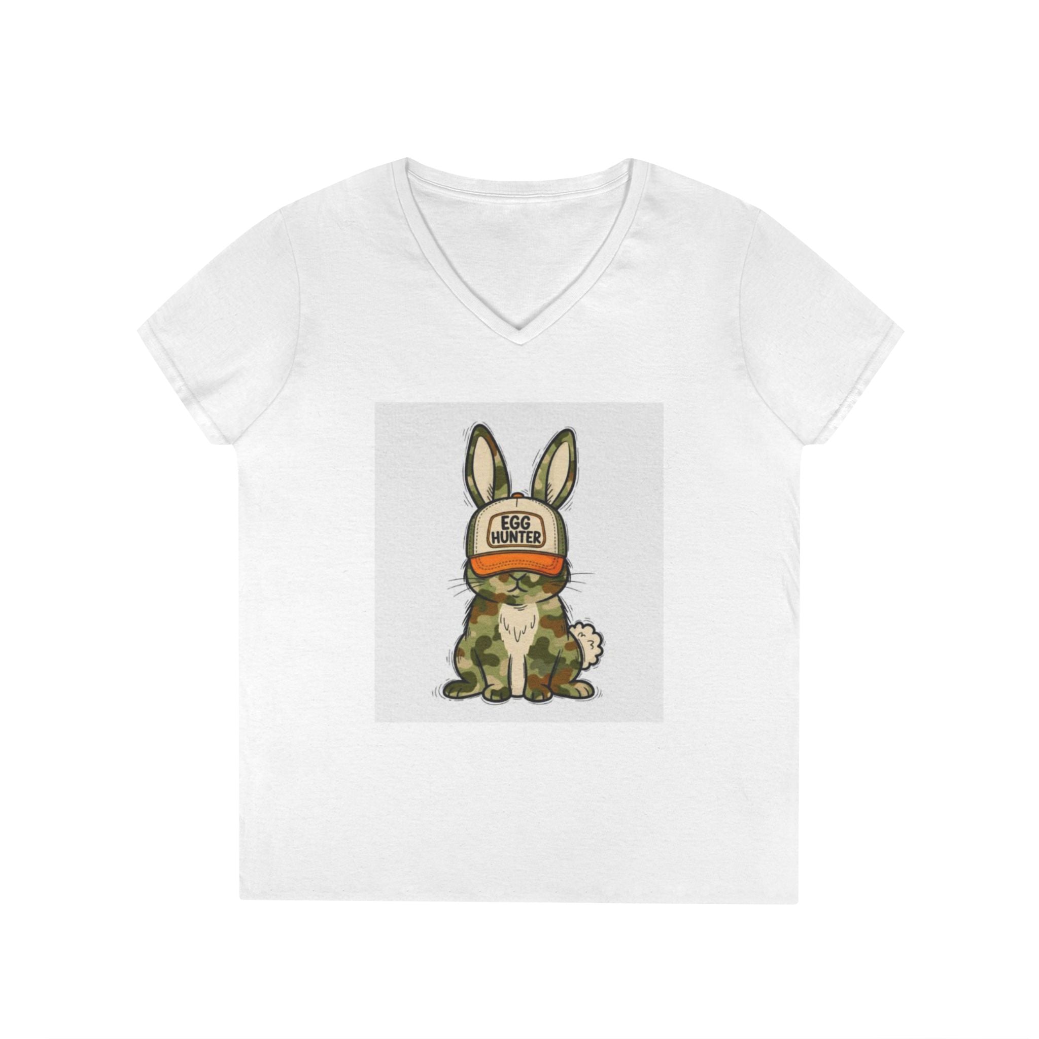 Ladies' V-Neck T-Shirt — Cute Bunny Wearing 'Good Vibes' Trucker Hat