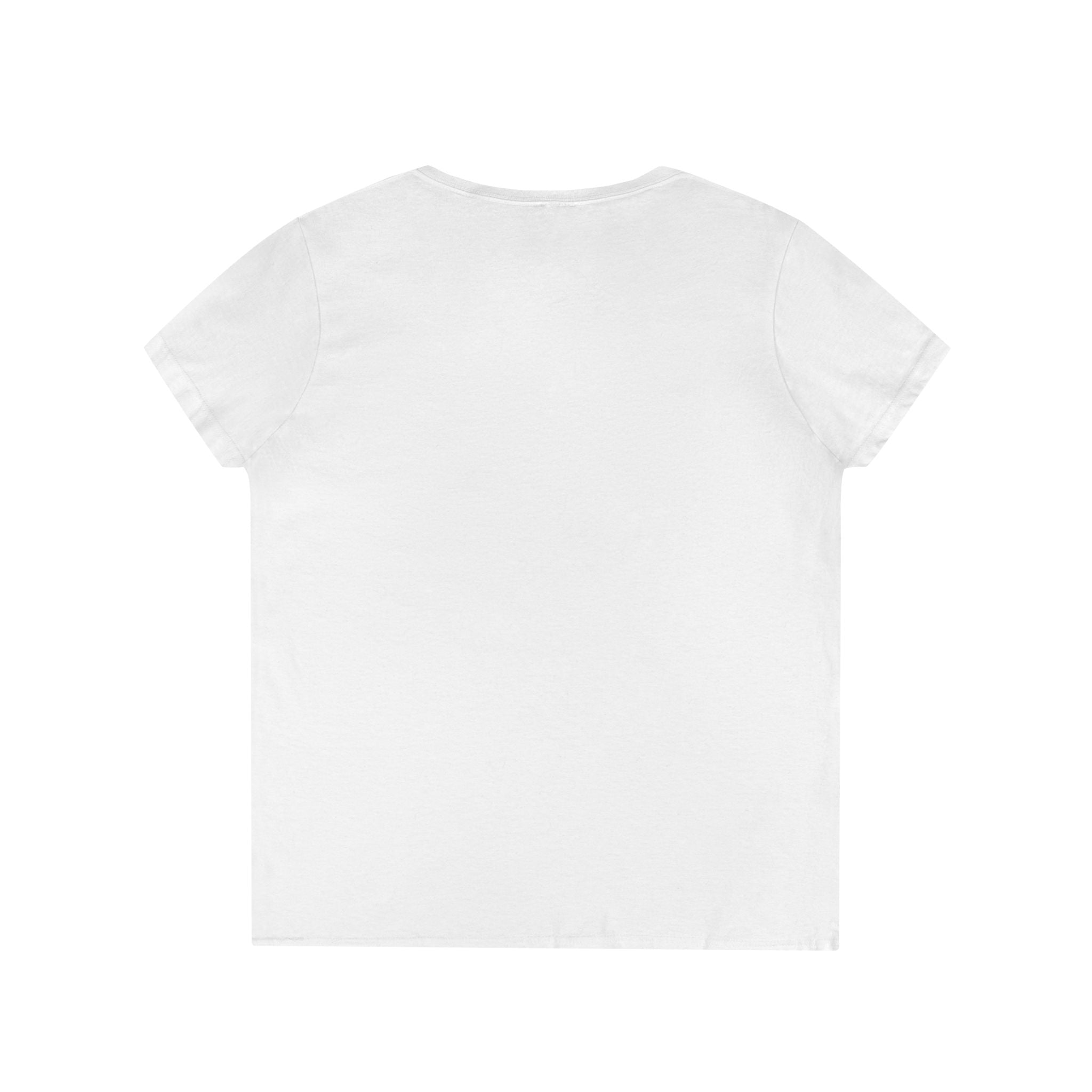 Ladies' V-Neck T-Shirt — Cute Bunny Wearing 'Good Vibes' Trucker Hat