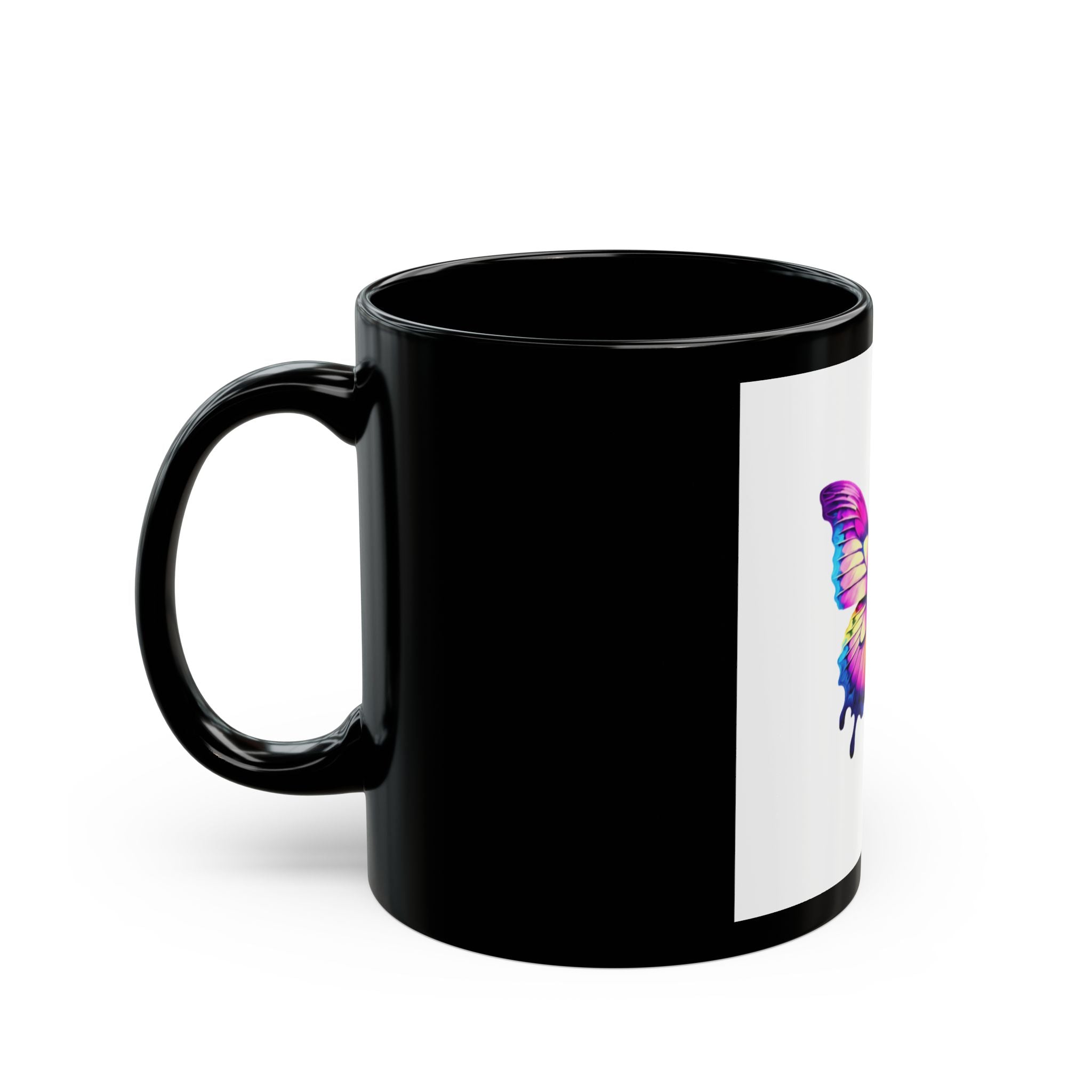 Butterfly Floral Black Mug — Colorful Butterfly & Bouquet Coffee Cup (11oz/15oz)