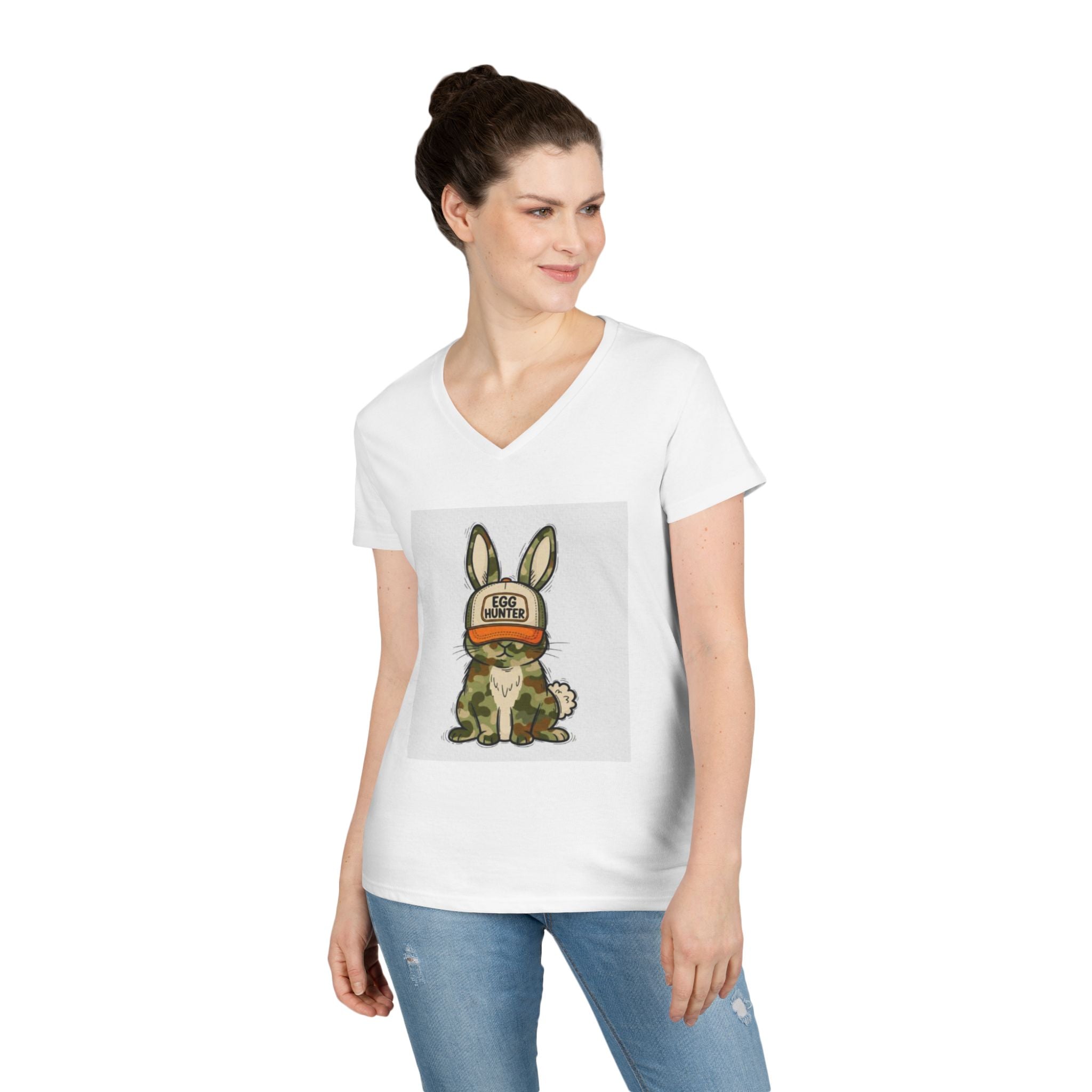 Ladies' V-Neck T-Shirt — Cute Bunny Wearing 'Good Vibes' Trucker Hat