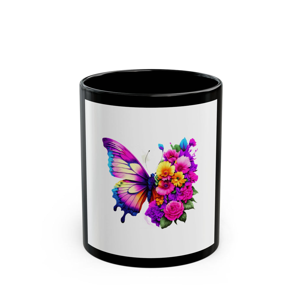 Butterfly Floral Black Mug — Colorful Butterfly & Bouquet Coffee Cup (11oz/15oz)